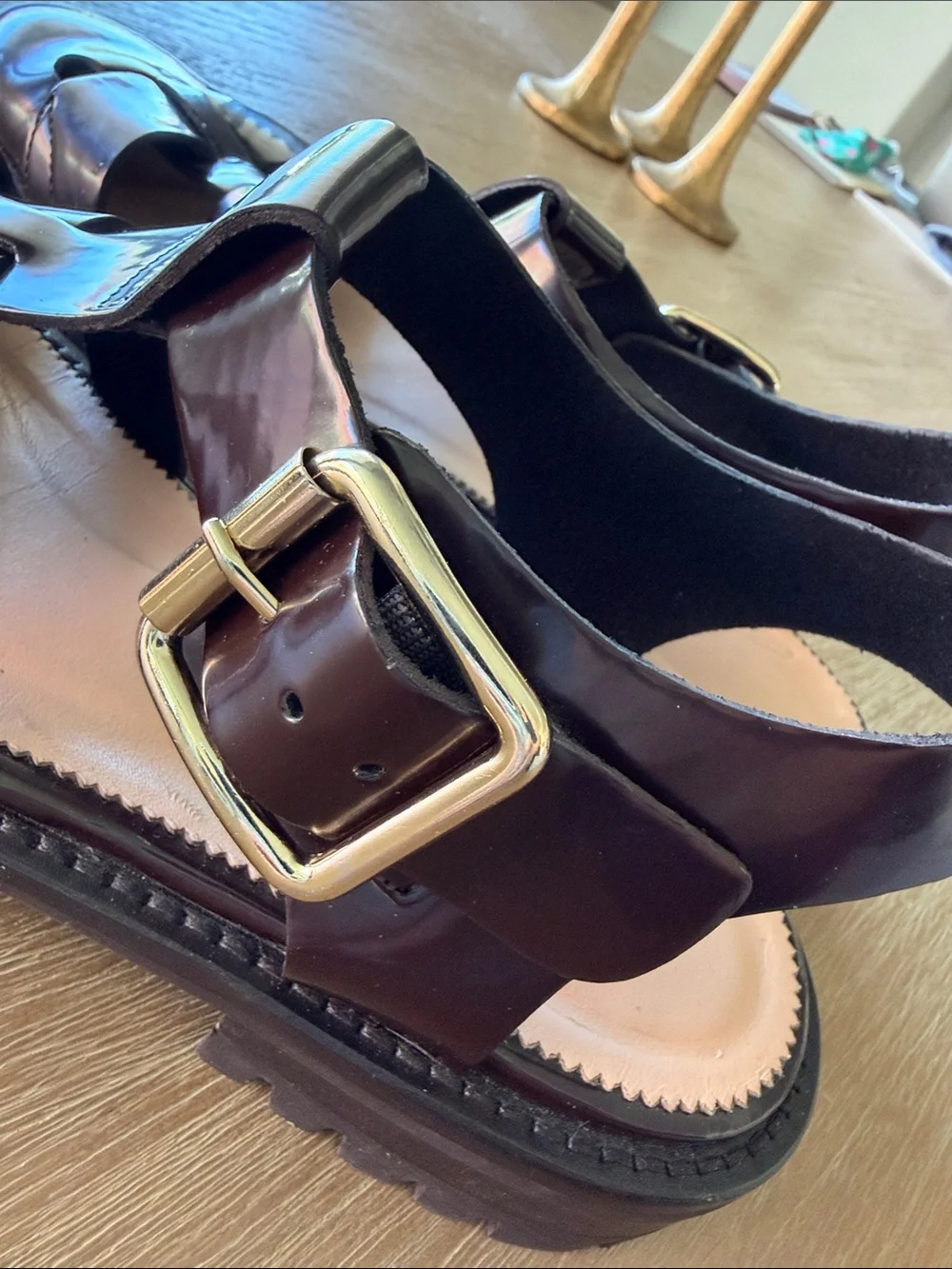 J. Crew Women's Dark Brown Patent Fisherman Sandals with Gold Buckle. Women’s 8 - Picture 5 of 11